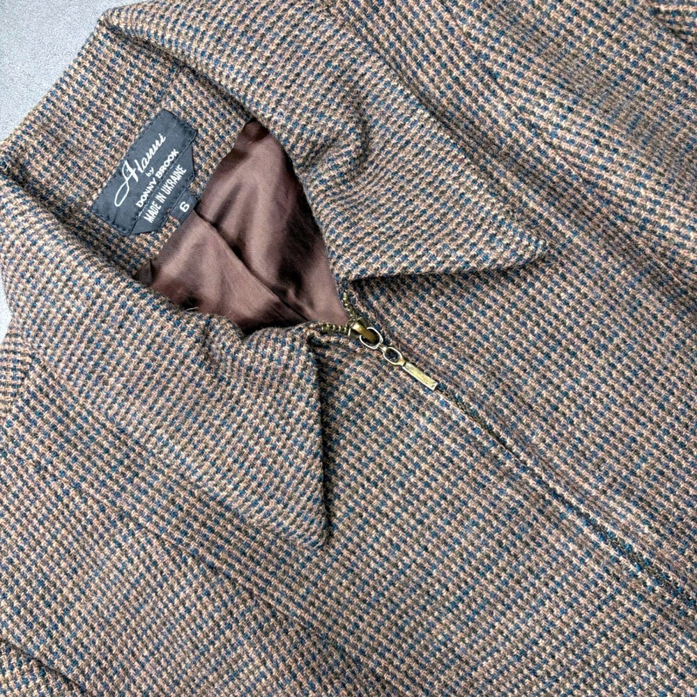 Vtg Alanni by Donny Brook Jacket Womens 6 Brown Wool Zip Up Houndstooth Blazer